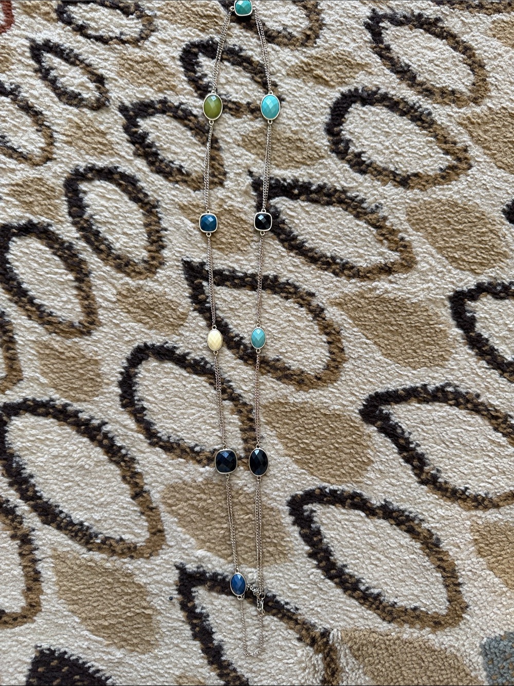 Long Multi-Stone Silver Necklace with Blue, Turquoise and Green Accents